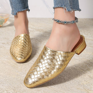 gold Women's braided woven chunky low heels mules