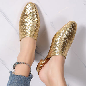 gold Women's braided woven chunky low heels mules