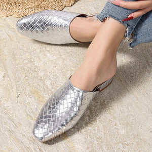 silver Women's braided woven chunky low heels mules