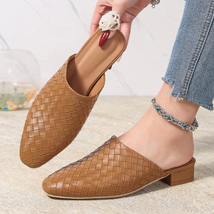 brown Women's braided woven chunky low heels mules
