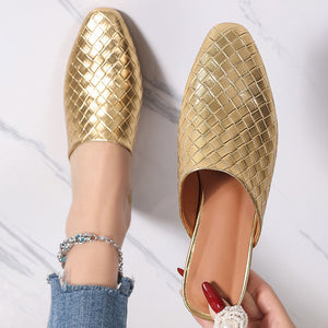 gold Women's braided woven chunky low heels mules