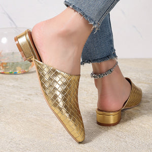 gold Women's braided woven chunky low heels mules