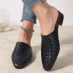 black Women's braided woven chunky low heels mules