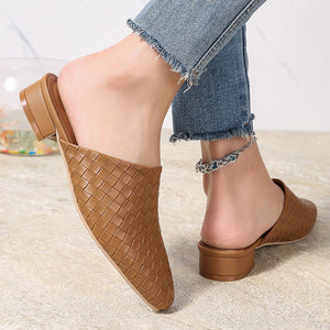 brown Women's braided woven chunky low heels mules