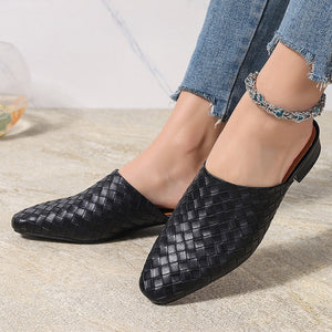 black Women's braided woven chunky low heels mules