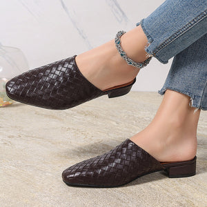 Women's braided woven chunky low heels mules