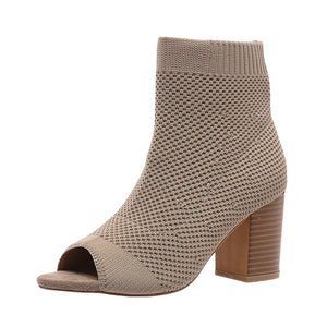 khaki Women's breathable knitted peep toe booties