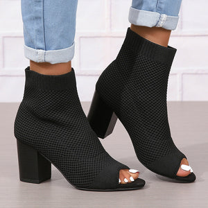 black Women's breathable knitted peep toe booties