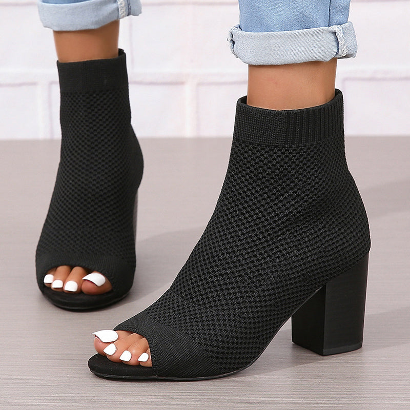 Women's breathable knitted peep toe booties