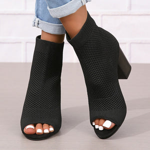 black Women's breathable knitted peep toe booties