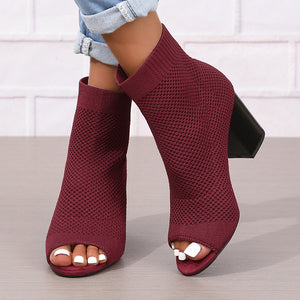 burgundy Women's breathable knitted peep toe booties