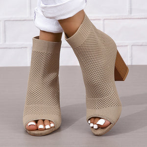 khaki Women's breathable knitted peep toe booties