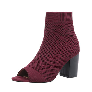 burgundy Women's breathable knitted peep toe booties