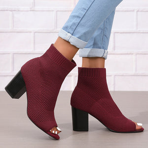 burgundy Women's breathable knitted peep toe booties