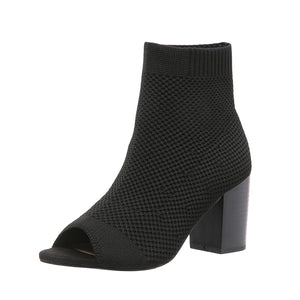 black Women's breathable knitted peep toe booties