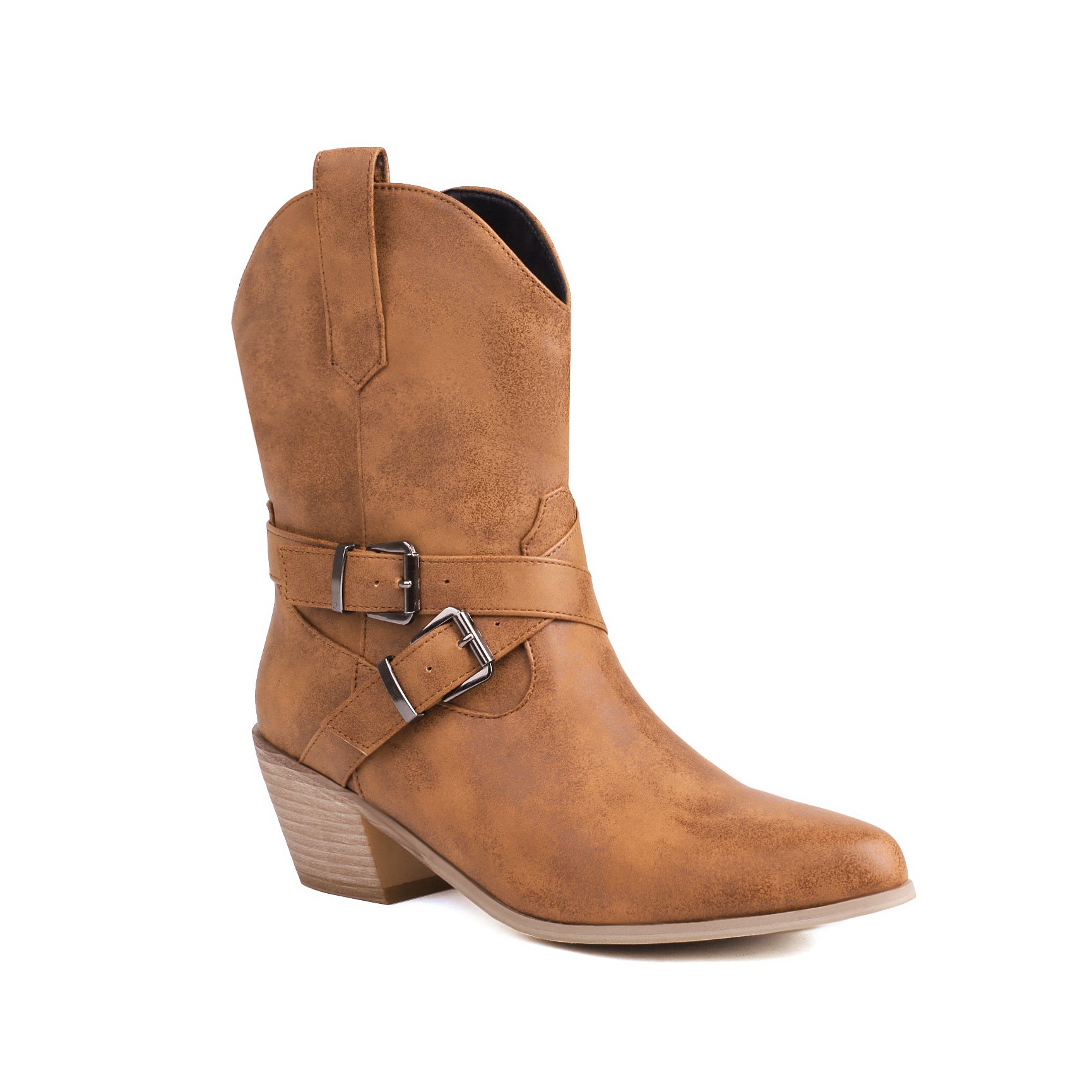 brown Women's buckle strap cross-tied ankle cowboy boots