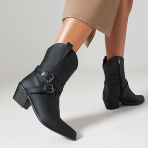 black Women's buckle strap cross-tied ankle cowboy boots