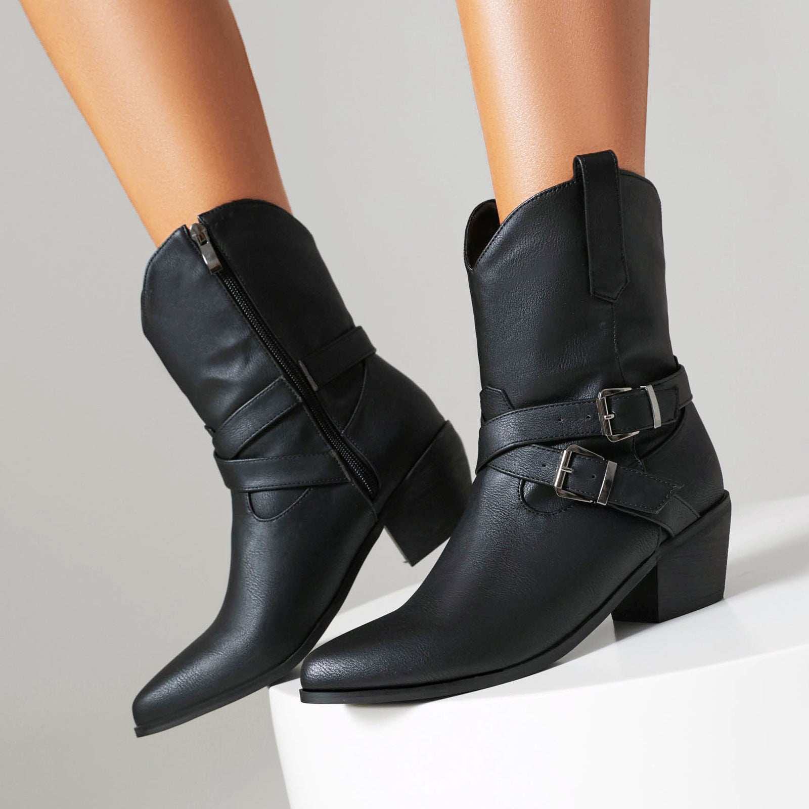 black Women's buckle strap cross-tied ankle cowboy boots