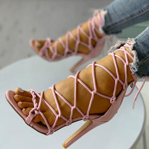 pink Women's caged rope-up strappy gladiator heels