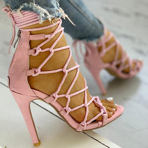pink Women's caged rope-up strappy gladiator heels