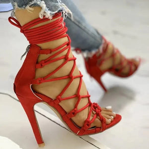 red Women's caged rope-up strappy gladiator heels
