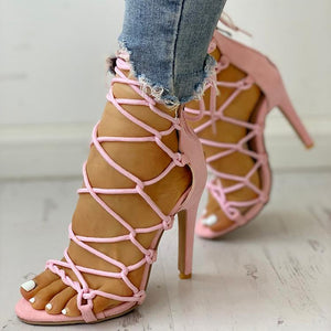 pink Women's caged rope-up strappy gladiator heels