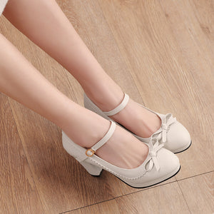 beige Women's chunky heels ankle strap mary jane pumps with bow decor