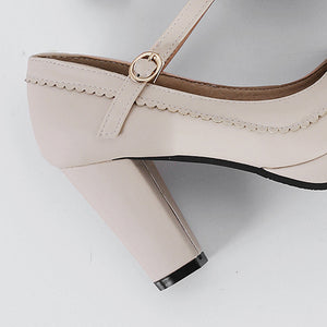 beige Women's chunky heels ankle strap mary jane pumps with bow decor