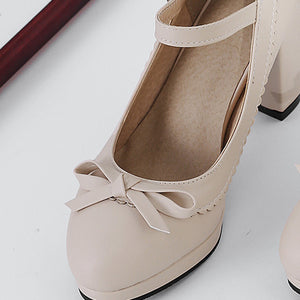 beige Women's chunky heels ankle strap mary jane pumps with bow decor