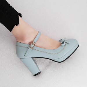 blue Women's chunky heels ankle strap mary jane pumps with bow decor