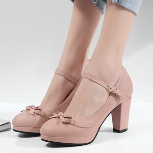 Women's chunky heels ankle strap mary jane pumps with bow decor