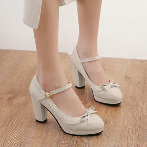 Women's chunky heels ankle strap mary jane pumps with bow decor