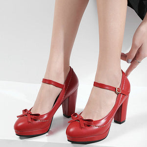 Women's chunky heels ankle strap mary jane pumps with bow decor