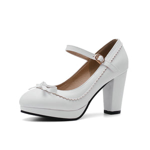 Women's chunky heels ankle strap mary jane pumps with bow decor