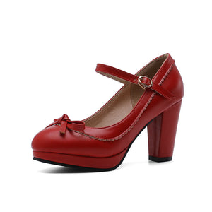 red Women's chunky heels ankle strap mary jane pumps with bow decor