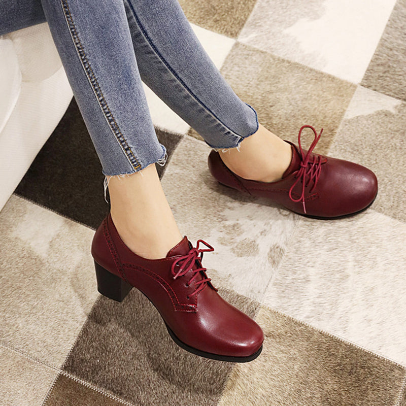 burgundy Women's chunky heels  brogue shoes for office and casual wear
