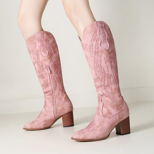 Women's chunky heels knee high cowboy boots