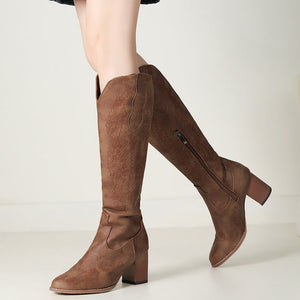 brown Women's chunky heels knee high cowboy boots