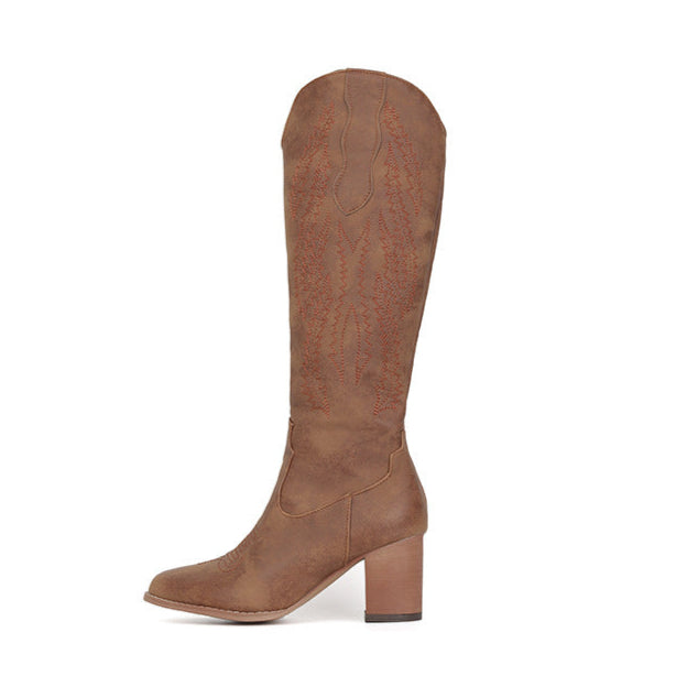 brown Women's chunky heels knee high cowboy boots
