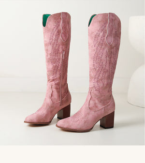 Women's chunky heels knee high cowboy boots