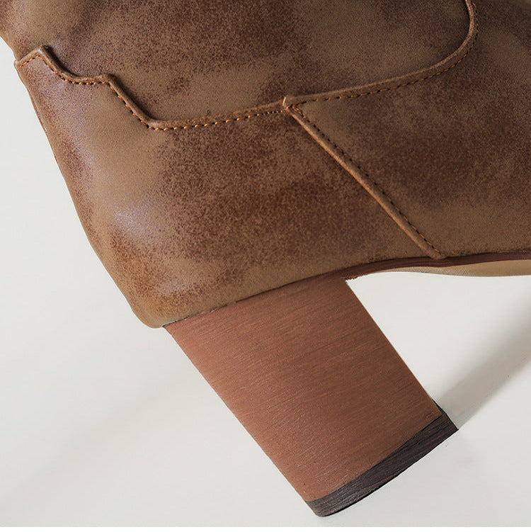 brown Women's chunky heels knee high cowboy boots