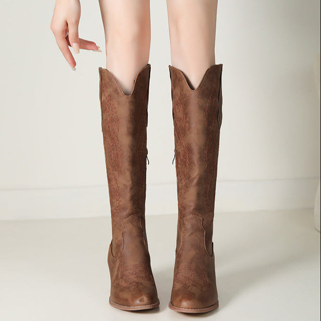 brown Women's chunky heels knee high cowboy boots