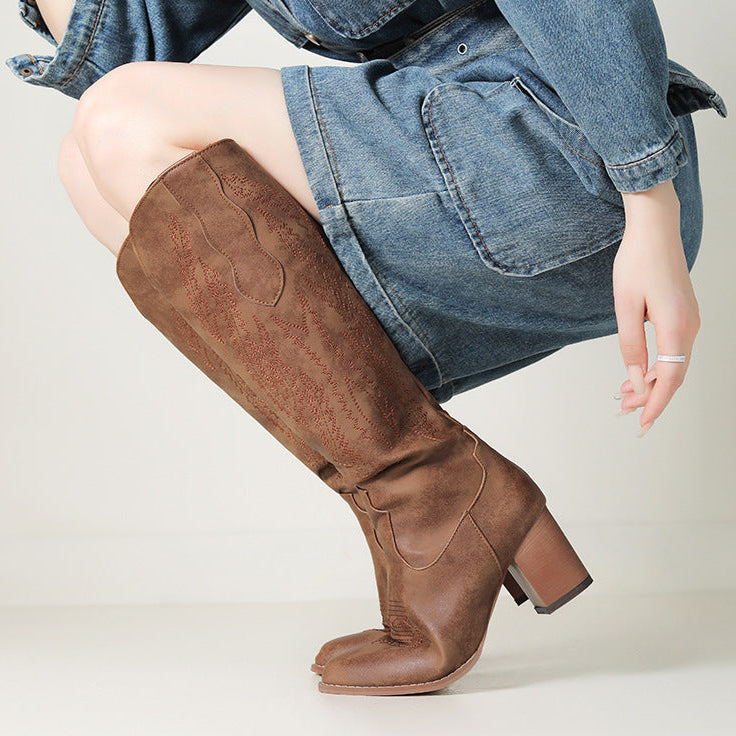 Women's chunky heels knee high cowboy boots
