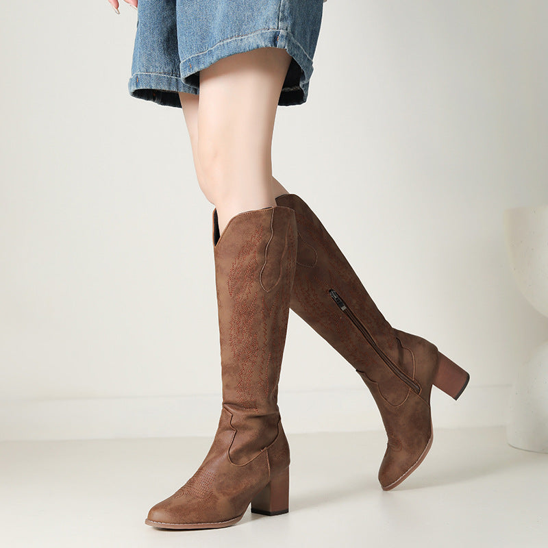 Women's chunky heels knee high cowboy boots
