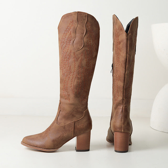 brown Women's chunky heels knee high cowboy boots