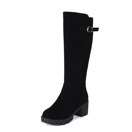 Women's chunky heels knee high riding boots with buckles