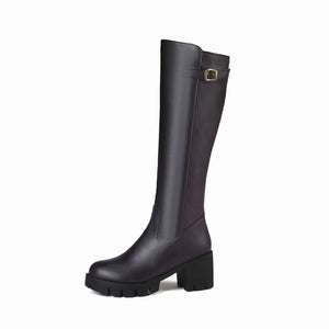 brown Women's chunky heels platform knee high boots with buckle strap