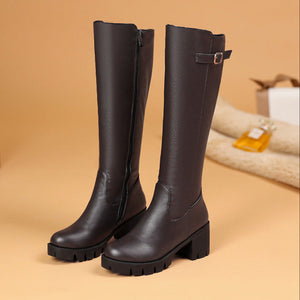brown Women's chunky heels platform knee high boots with buckle strap