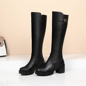 black Women's chunky heels platform knee high boots with buckle strap