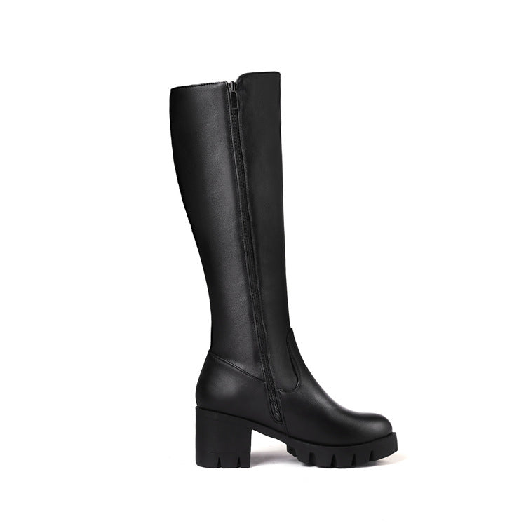 black Women's chunky heels platform knee high boots with buckle strap